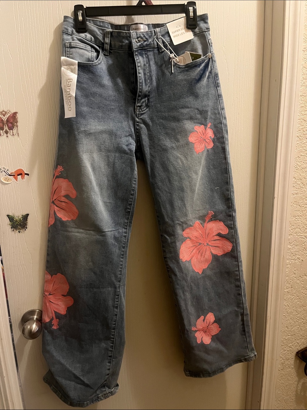 BAMBOO Light Blue Denim Wide Leg Jeans with Pink Floral Hibiscus
